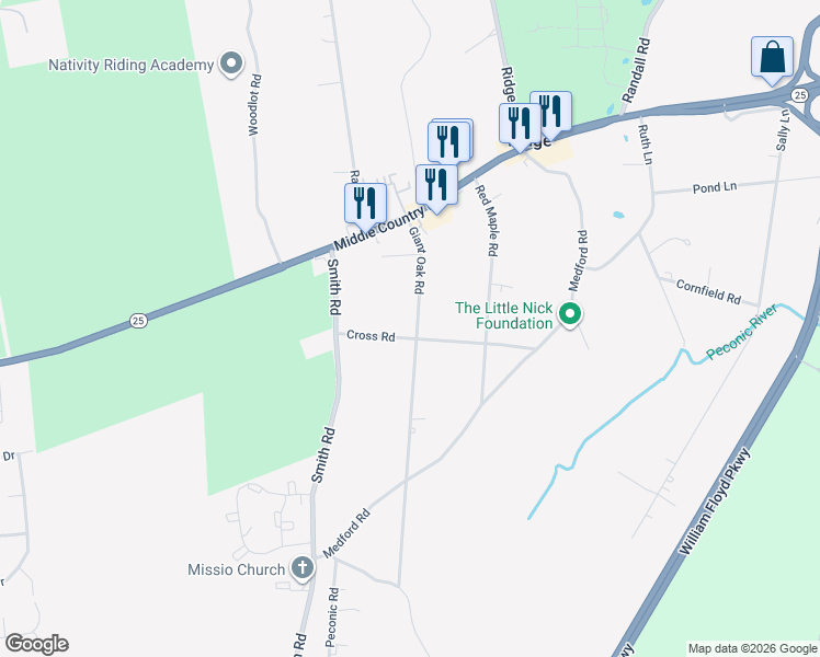 map of restaurants, bars, coffee shops, grocery stores, and more near 25 Giant Oak Road in Ridge