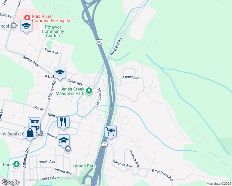 map of restaurants, bars, coffee shops, grocery stores, and more near 605 Diamond Drive in Arcata