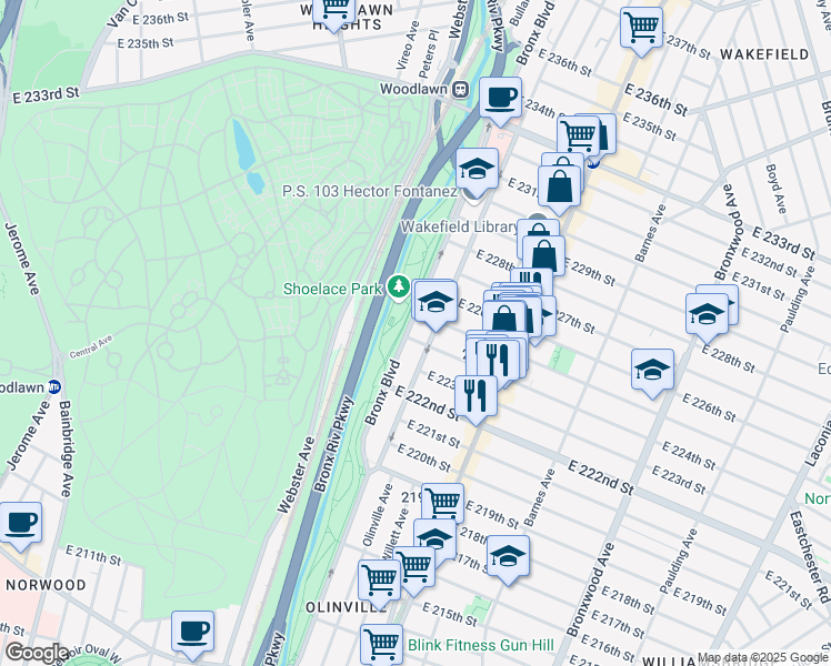 map of restaurants, bars, coffee shops, grocery stores, and more near 3950 Bronx Boulevard in The Bronx
