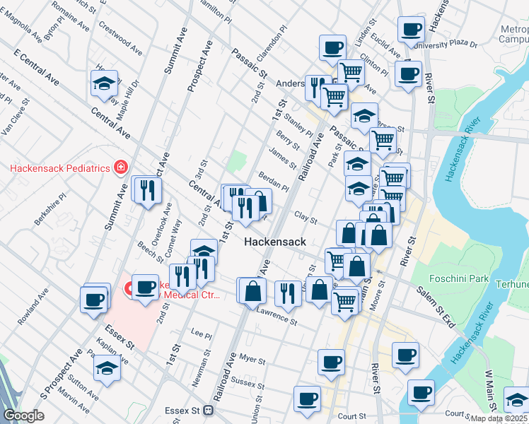 map of restaurants, bars, coffee shops, grocery stores, and more near 195 High Street in Hackensack