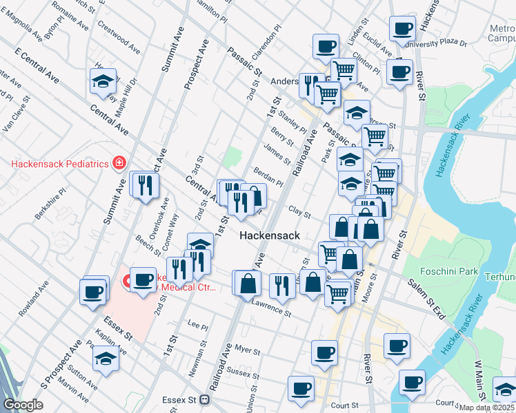 map of restaurants, bars, coffee shops, grocery stores, and more near 195 High Street in Hackensack
