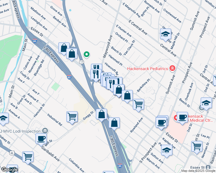 map of restaurants, bars, coffee shops, grocery stores, and more near 43 Essex Street in Maywood