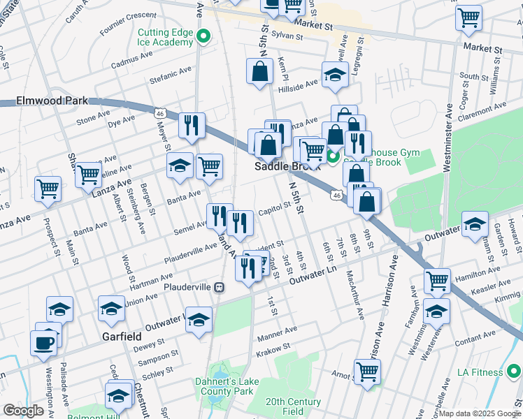 map of restaurants, bars, coffee shops, grocery stores, and more near 365 Capitol Street in Saddle Brook