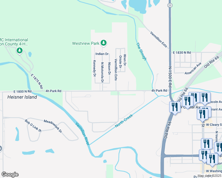 map of restaurants, bars, coffee shops, grocery stores, and more near 1305 4h Park Road in Pontiac