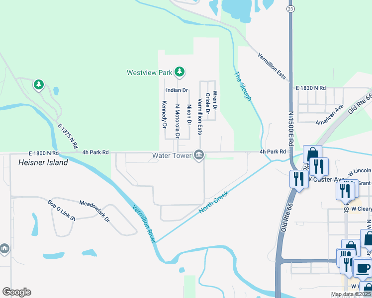 map of restaurants, bars, coffee shops, grocery stores, and more near 1305 4h Park Road in Pontiac