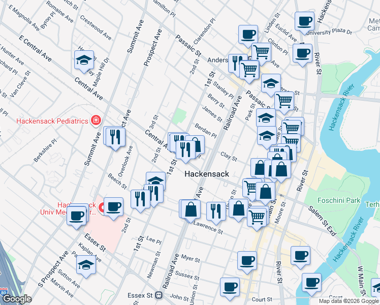 map of restaurants, bars, coffee shops, grocery stores, and more near 195 High Street in Hackensack