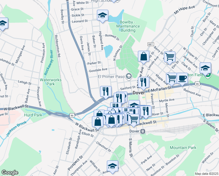 map of restaurants, bars, coffee shops, grocery stores, and more near 113 Pequannock Street in Dover