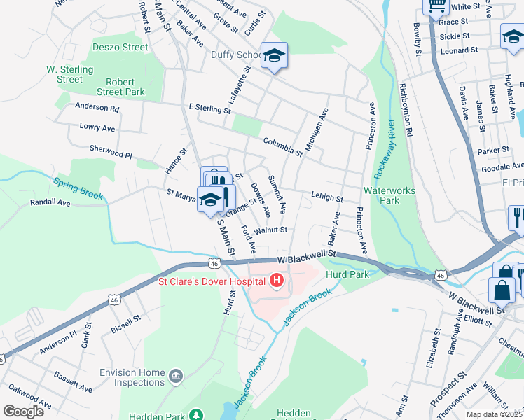 map of restaurants, bars, coffee shops, grocery stores, and more near 47 Downs Avenue in Wharton