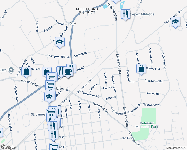 map of restaurants, bars, coffee shops, grocery stores, and more near 35 Copperbeech Road in Saint James