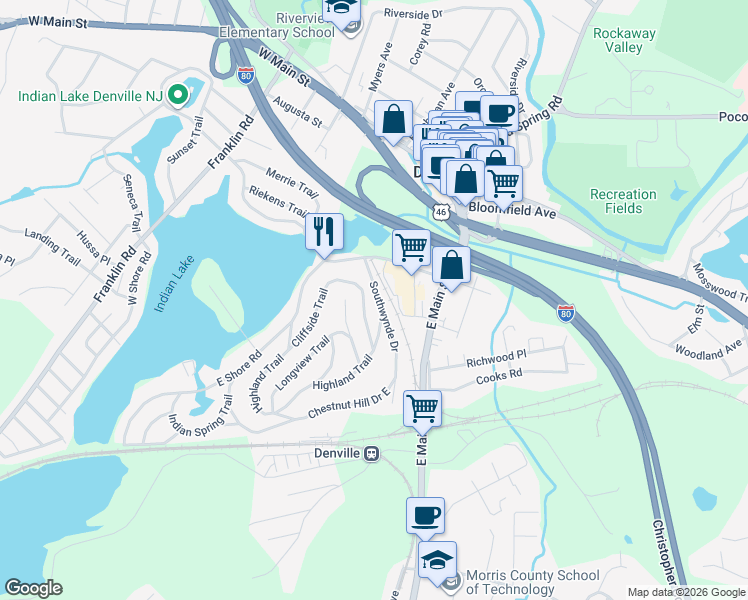 map of restaurants, bars, coffee shops, grocery stores, and more near 22 Southwynde Drive in Denville