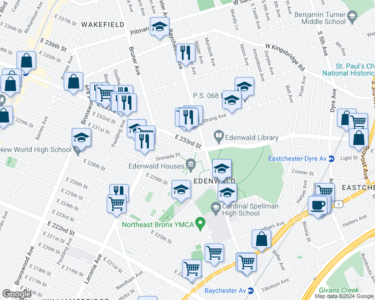 map of restaurants, bars, coffee shops, grocery stores, and more near 1173 Grenada Place in Bronx
