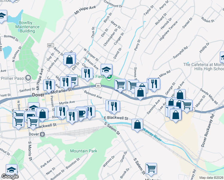 map of restaurants, bars, coffee shops, grocery stores, and more near 250 U.S. 46 in Dover