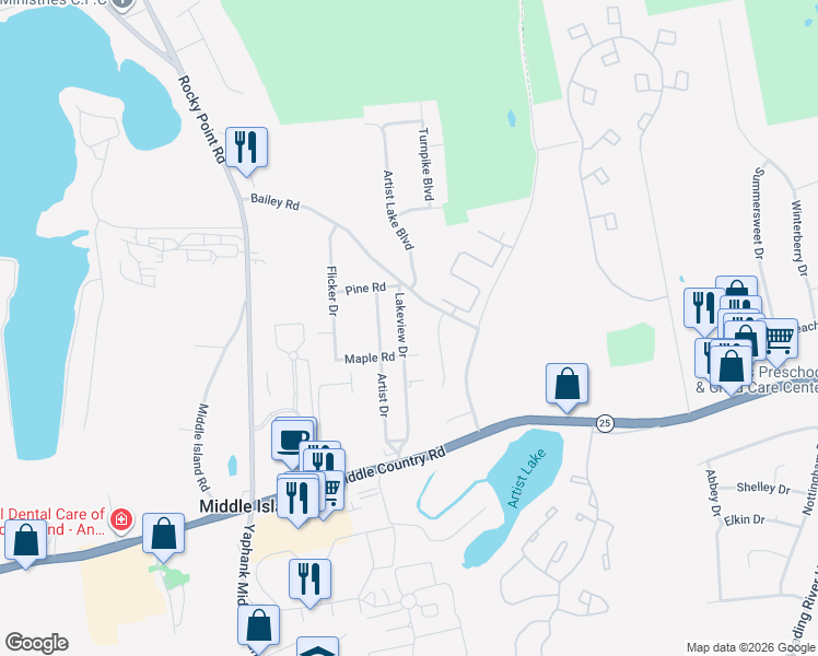 map of restaurants, bars, coffee shops, grocery stores, and more near 9 Lakeview Drive in Middle Island