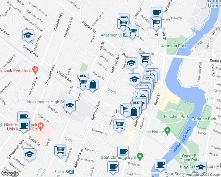 map of restaurants, bars, coffee shops, grocery stores, and more near 134 Clay Street in Hackensack