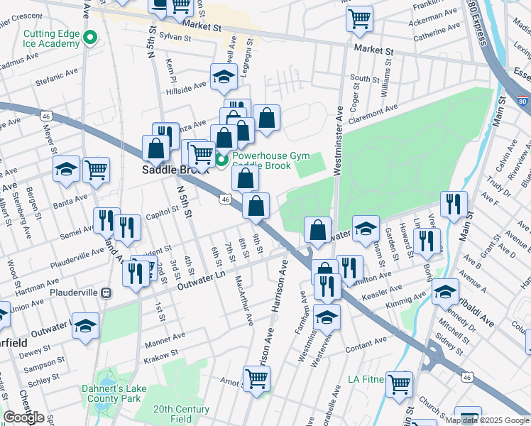 map of restaurants, bars, coffee shops, grocery stores, and more near 200-236 President Street in Saddle Brook