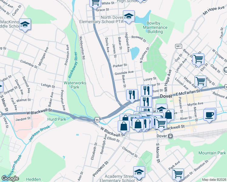 map of restaurants, bars, coffee shops, grocery stores, and more near 100 West Clinton Street in Dover
