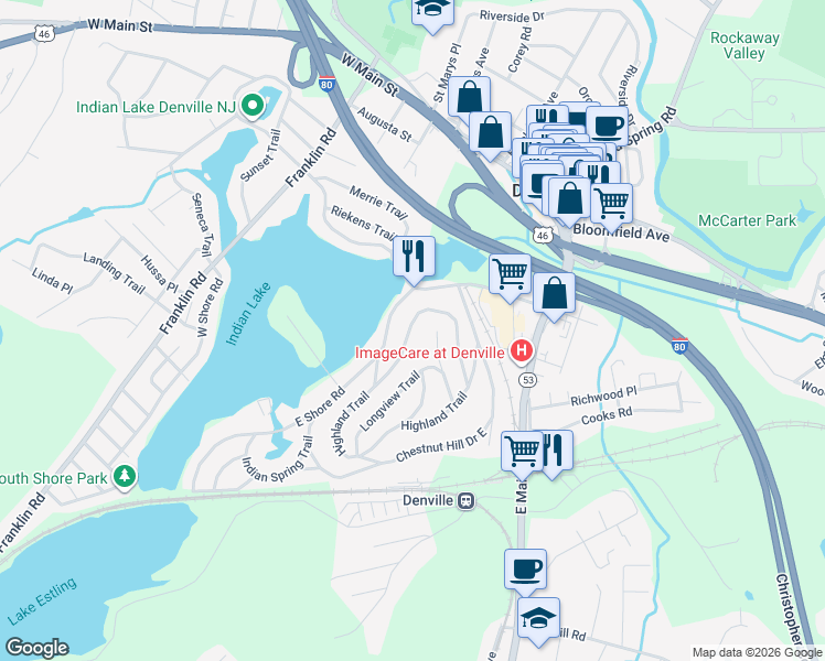map of restaurants, bars, coffee shops, grocery stores, and more near 28 Cliffside Trail in Denville