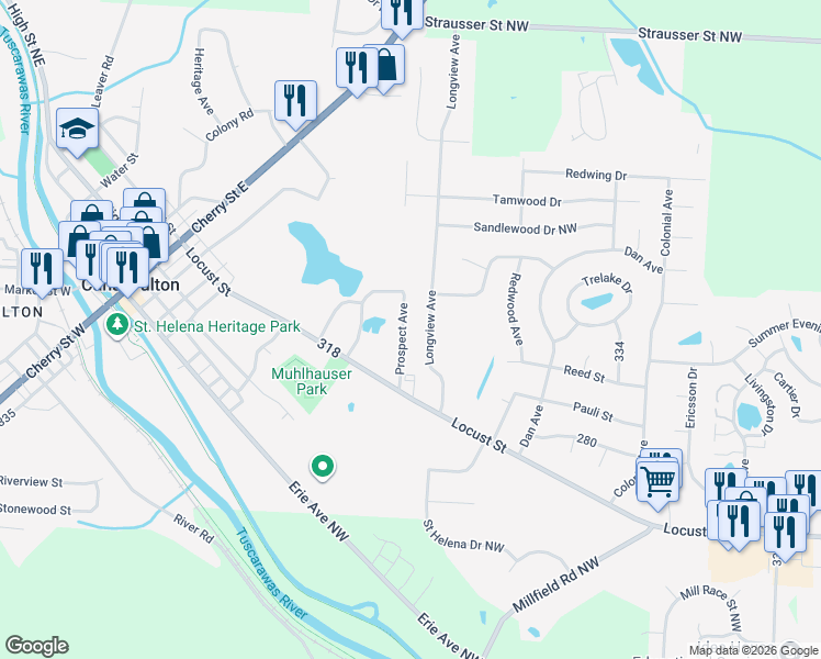 map of restaurants, bars, coffee shops, grocery stores, and more near 551 Lakeview Drive in Canal Fulton