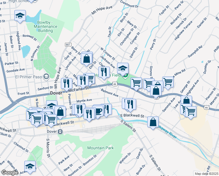 map of restaurants, bars, coffee shops, grocery stores, and more near 56 Depew Avenue in Dover
