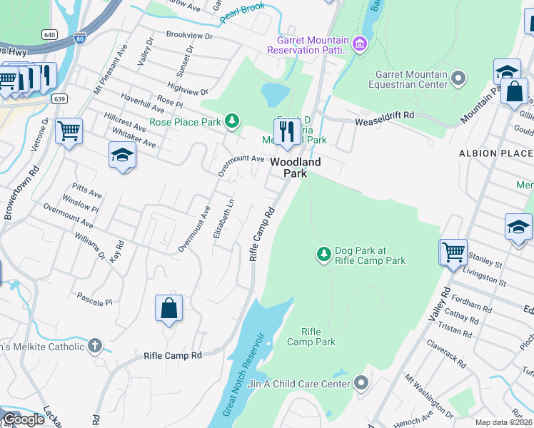 map of restaurants, bars, coffee shops, grocery stores, and more near 24 Oakridge Road in Woodland Park