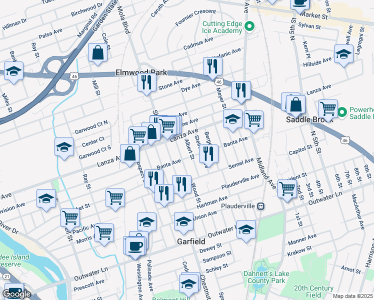 map of restaurants, bars, coffee shops, grocery stores, and more near 55 Albert Street in Garfield