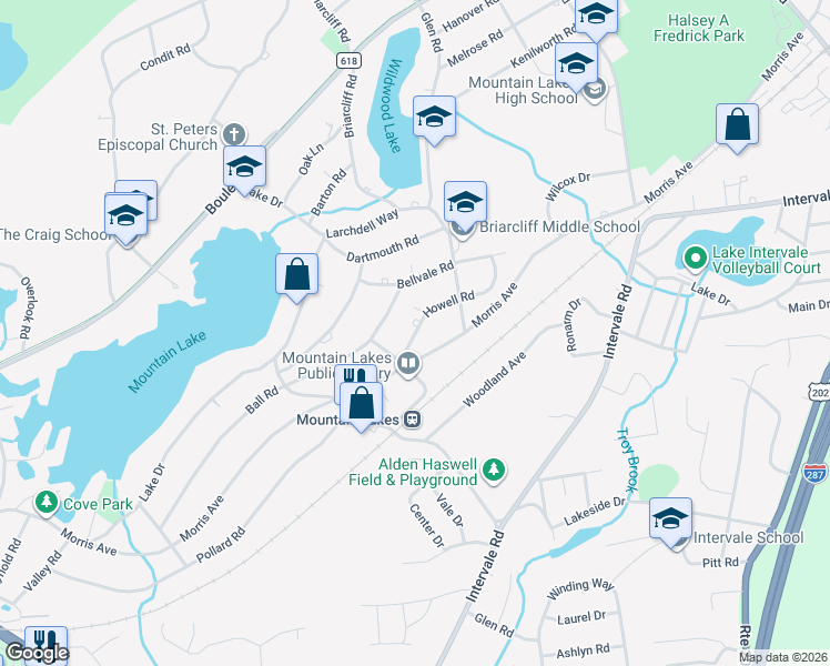 map of restaurants, bars, coffee shops, grocery stores, and more near 34 Howell Road in Mountain Lakes