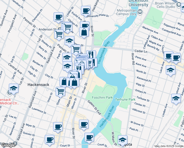 map of restaurants, bars, coffee shops, grocery stores, and more near 340 River Street in Hackensack