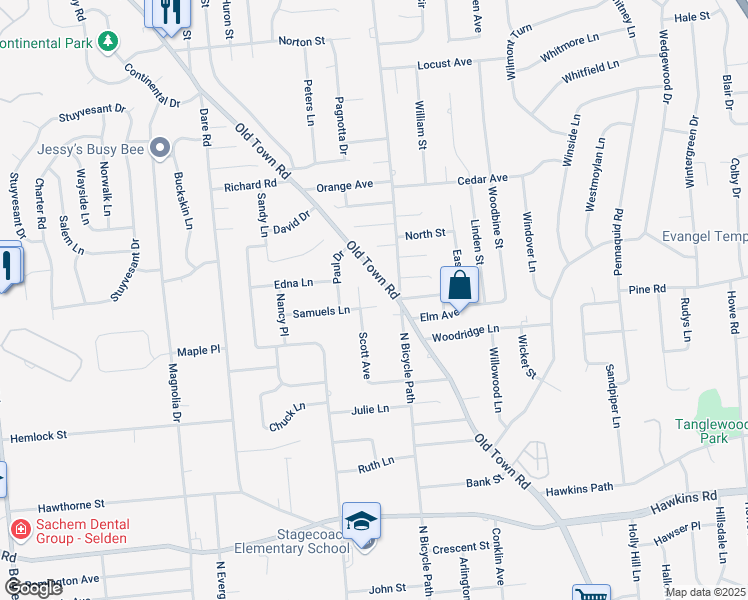 map of restaurants, bars, coffee shops, grocery stores, and more near 7 Samuels Lane in Selden