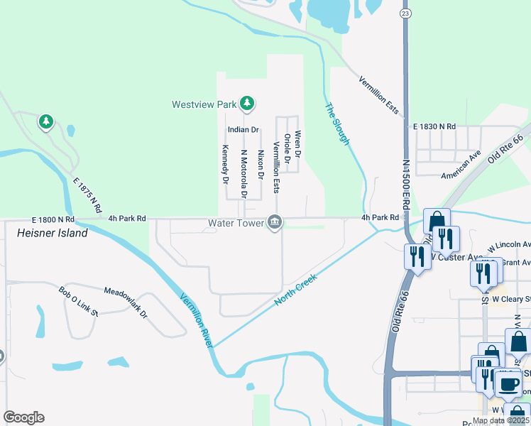 map of restaurants, bars, coffee shops, grocery stores, and more near 1305 4h Park Road in Pontiac