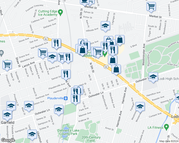 map of restaurants, bars, coffee shops, grocery stores, and more near 260 4th Street in Saddle Brook