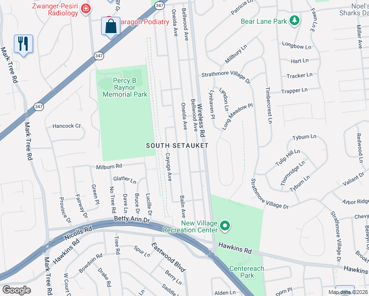 map of restaurants, bars, coffee shops, grocery stores, and more near 39 Oneida Avenue in Centereach