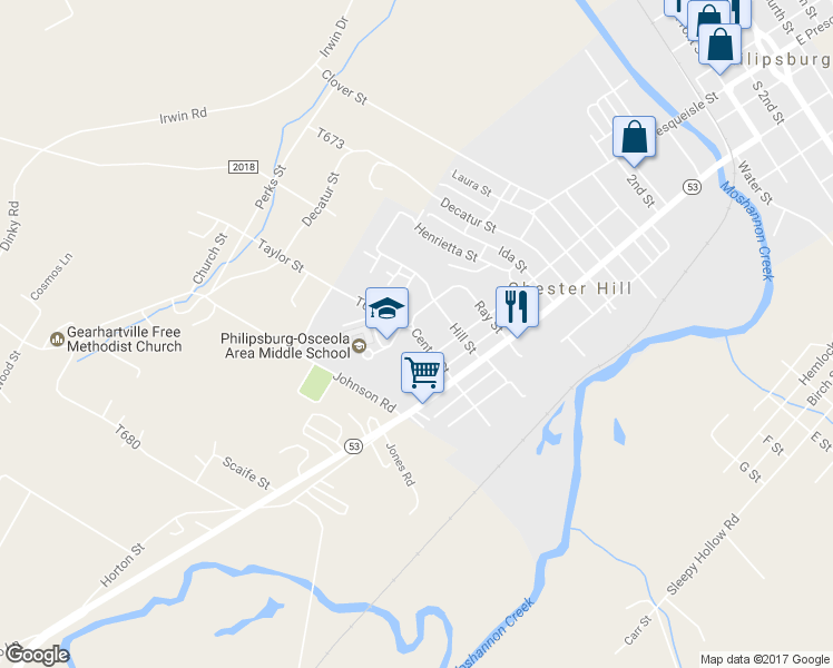 map of restaurants, bars, coffee shops, grocery stores, and more near 233 South Centre Street in Philipsburg