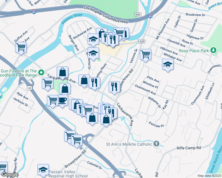 map of restaurants, bars, coffee shops, grocery stores, and more near 22 Mulroony Circle in Woodland Park