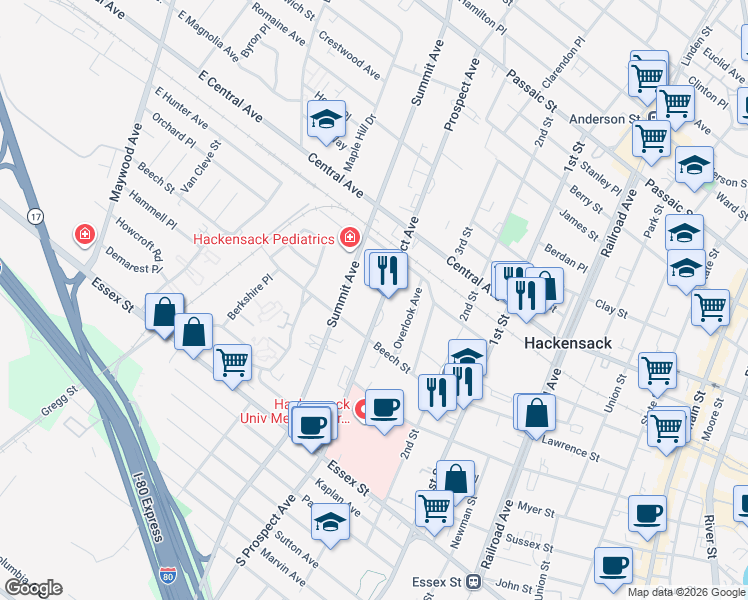 map of restaurants, bars, coffee shops, grocery stores, and more near 151 Prospect Avenue in Hackensack