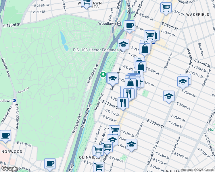 map of restaurants, bars, coffee shops, grocery stores, and more near 3950 Bronx Boulevard in The Bronx
