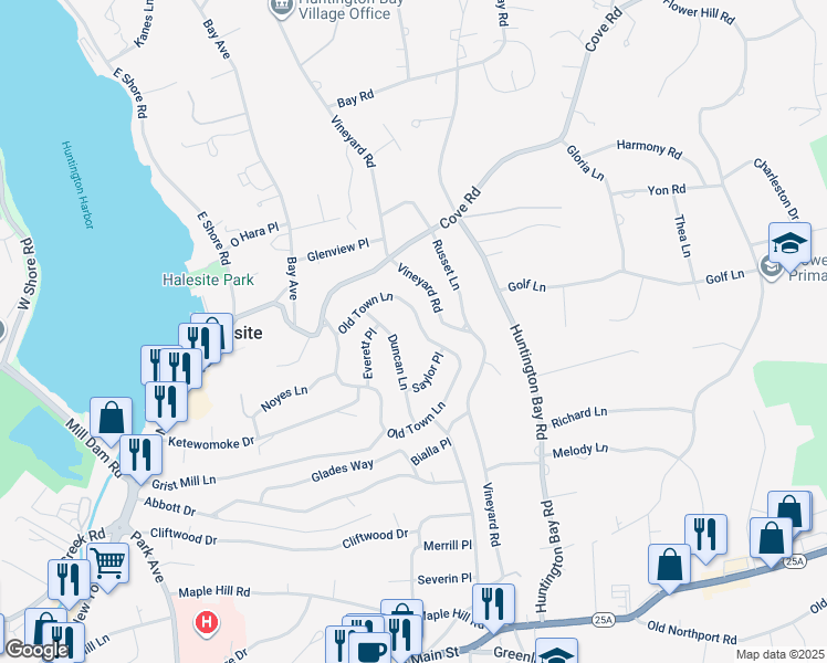 map of restaurants, bars, coffee shops, grocery stores, and more near 26 Old Town Lane in Huntington