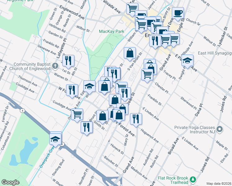 map of restaurants, bars, coffee shops, grocery stores, and more near 197 S Van Brunt St in Englewood
