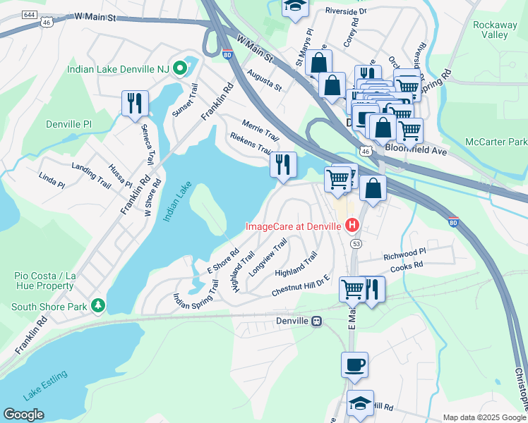 map of restaurants, bars, coffee shops, grocery stores, and more near 21 East Shore Road in Denville
