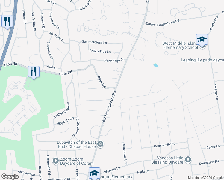 map of restaurants, bars, coffee shops, grocery stores, and more near 130 Mount Sinai-Coram Road in Coram