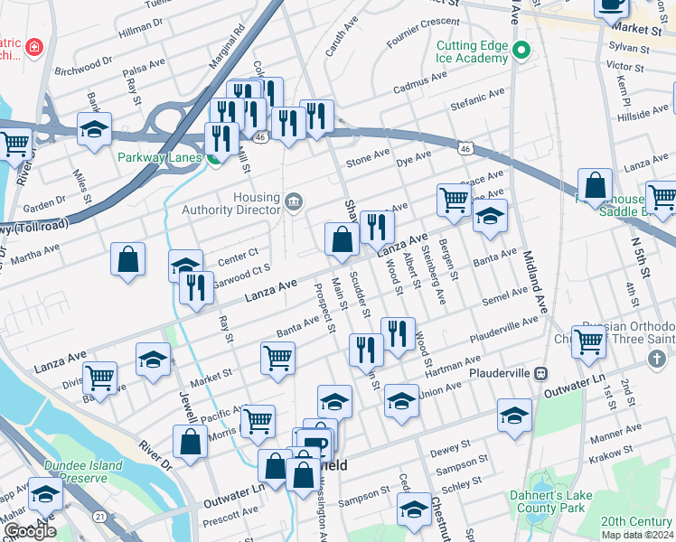 map of restaurants, bars, coffee shops, grocery stores, and more near 182 Main Street in Garfield
