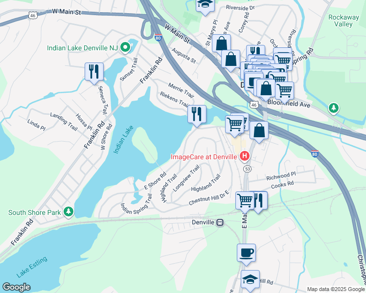 map of restaurants, bars, coffee shops, grocery stores, and more near 23 East Shore Road in Denville