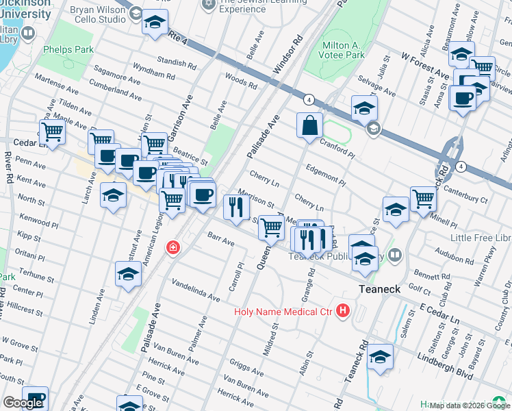 map of restaurants, bars, coffee shops, grocery stores, and more near 270 Merrison Street in Teaneck