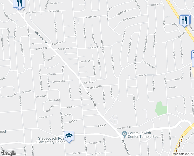 map of restaurants, bars, coffee shops, grocery stores, and more near 60 Elm Avenue in Coram