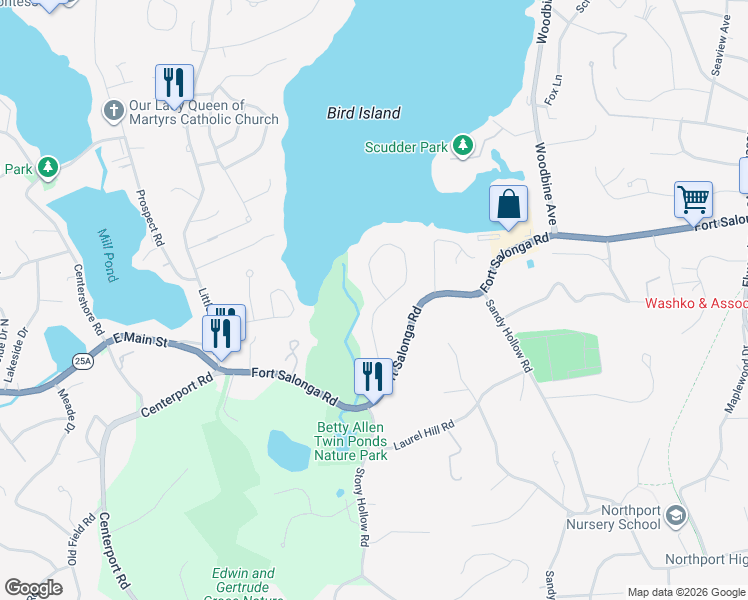 map of restaurants, bars, coffee shops, grocery stores, and more near 21 Harbor Circle in Centerport