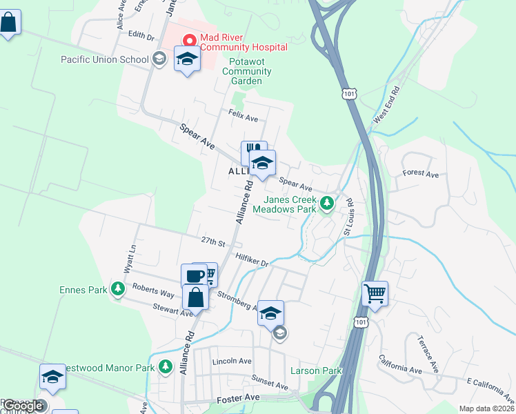 map of restaurants, bars, coffee shops, grocery stores, and more near 1218 Mccallum Circle in Arcata