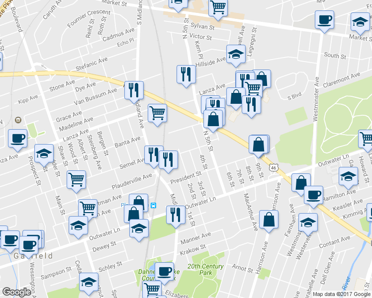 map of restaurants, bars, coffee shops, grocery stores, and more near 365 Capitol Street in Saddle Brook