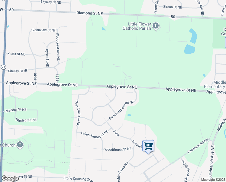 map of restaurants, bars, coffee shops, grocery stores, and more near 7301 Sugarwood Road Northeast in Canton
