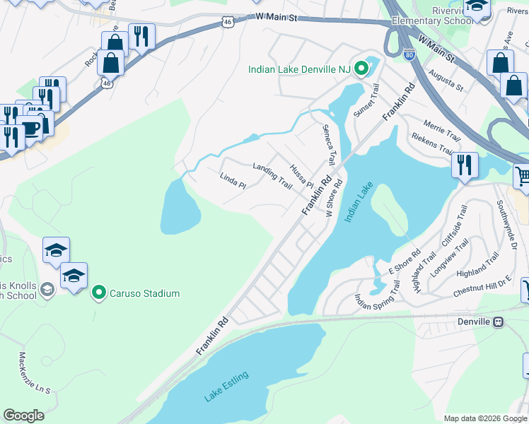 map of restaurants, bars, coffee shops, grocery stores, and more near 15 Mountain Road in Denville