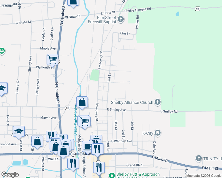 map of restaurants, bars, coffee shops, grocery stores, and more near 93 2nd Street in Shelby