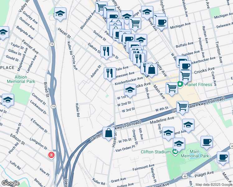 map of restaurants, bars, coffee shops, grocery stores, and more near 655 Crooks Avenue in Clifton
